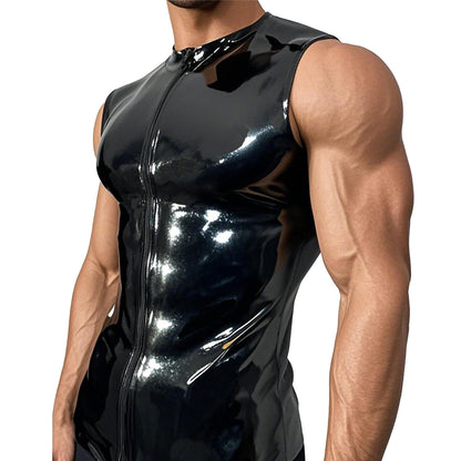 Men Crew Neck Front Zipper Latex Tank Top