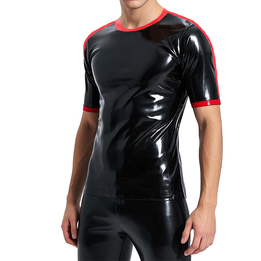 Men's Black and Red Color-Blocked Short-Sleeve Latex Top