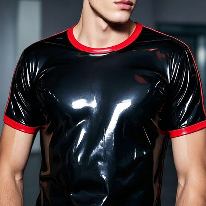 Men's Black and Red Color-Blocked Short-Sleeve Latex Top