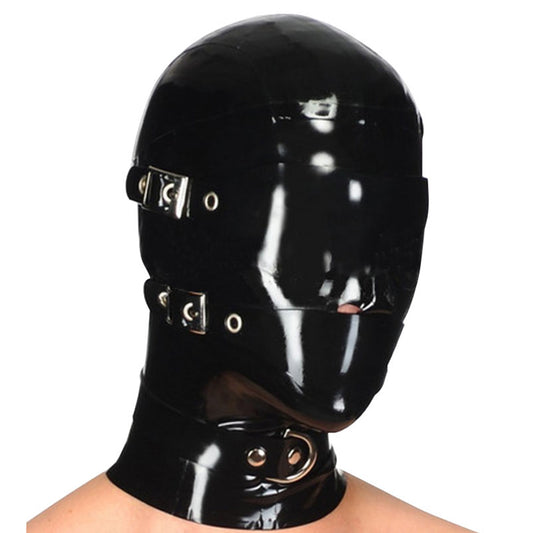 Latex Hood Mask with Removable Blindfold and Mouthpiece