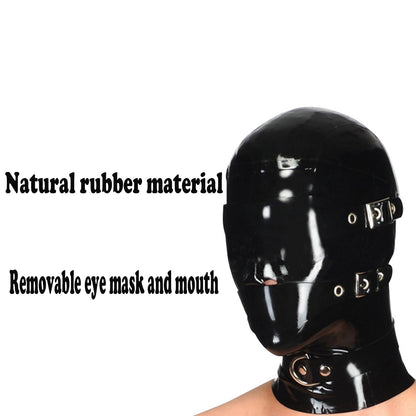 Latex Hood Mask with Removable Blindfold and Mouthpiece