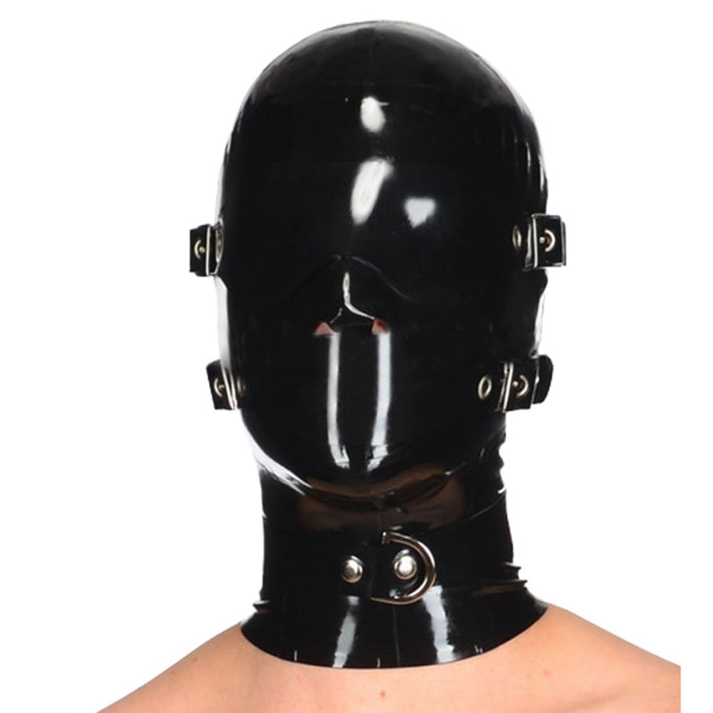 Latex Hood Mask with Removable Blindfold and Mouthpiece