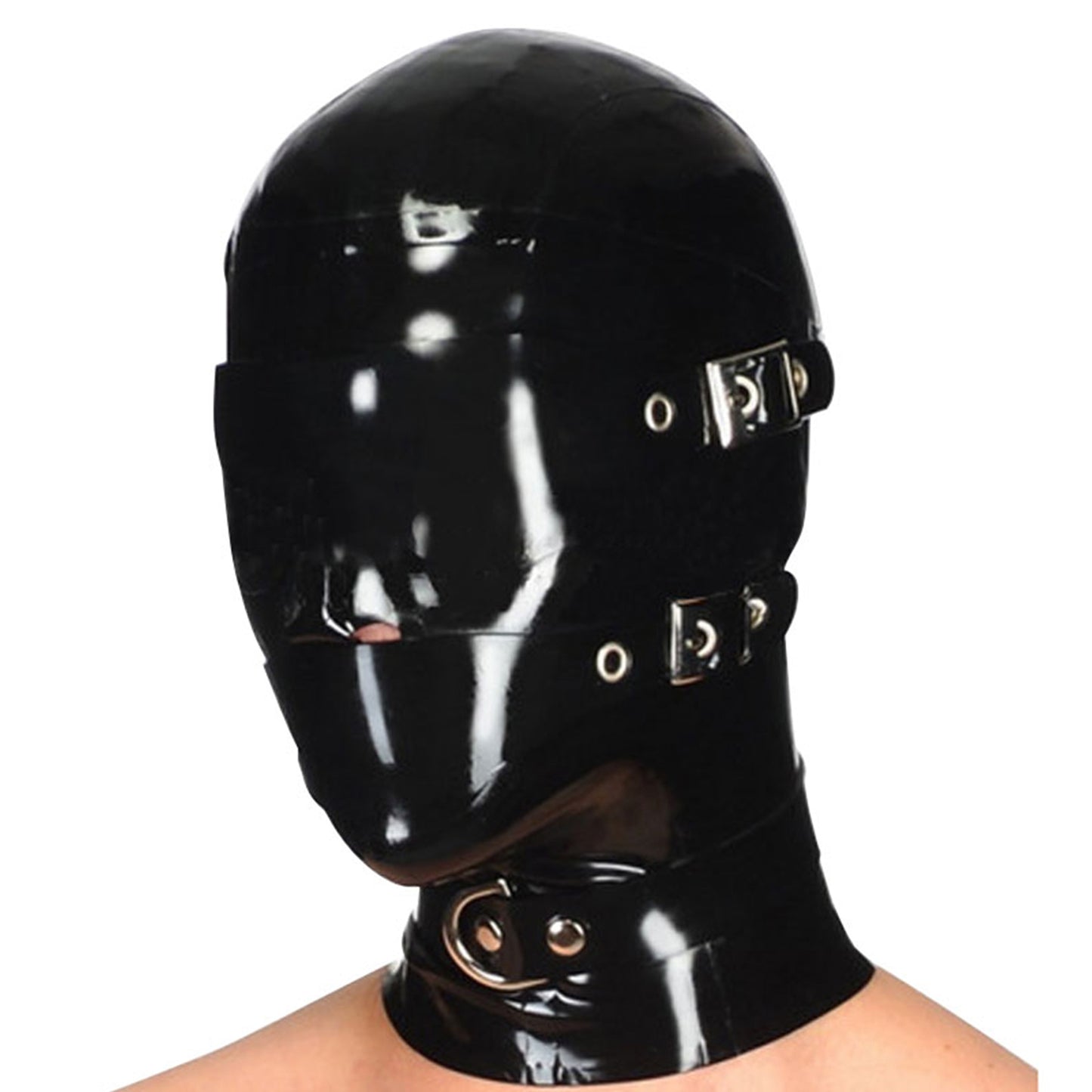 Latex Hood Mask with Removable Blindfold and Mouthpiece