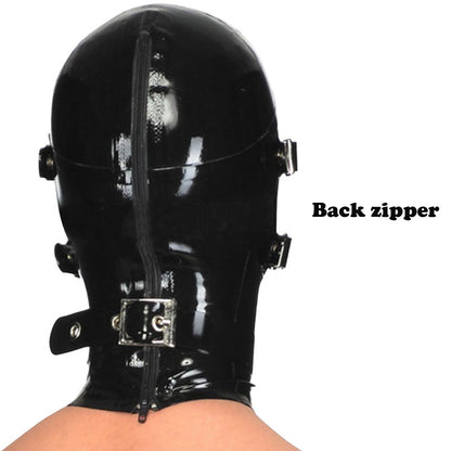 Latex Hood Mask with Removable Blindfold and Mouthpiece