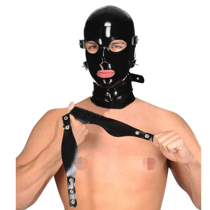 Latex Hood Mask with Removable Blindfold and Mouthpiece