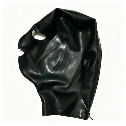 Full Face Black Latex Hood Mask Unisex, Handcrafted With Rear Zipper