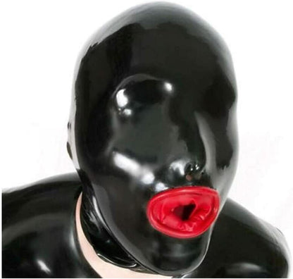 Black Latex Hood with Back Zipper and Red Mouth Protective Cover