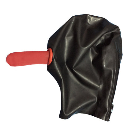 Black Latex Hood with Back Zipper and Red Mouth Protective Cover