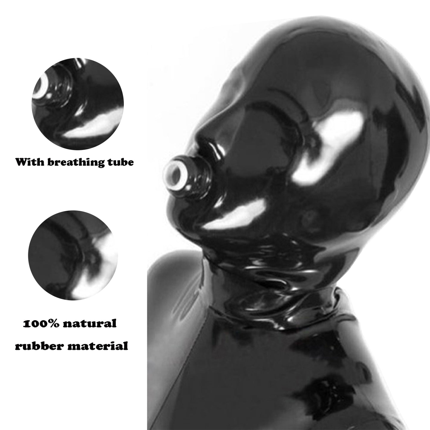 Unisex Black Latex Hooded Masks with Back Zipper and Snorkel